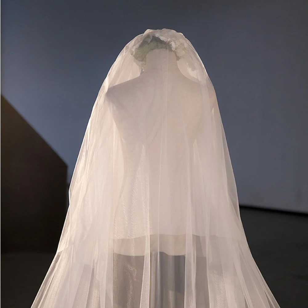Long White Bridal Veil with Lace Trim